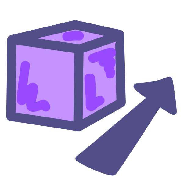 an image with dark line art shows a purple cube with an arrow near its base. It travels front to back on a slight diagonal, and narrows as it moves back.